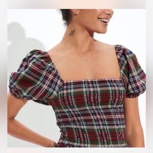 NWT AE American Eagle Plaid Smocked Crop Top Shirt Puff Sleeve sz L